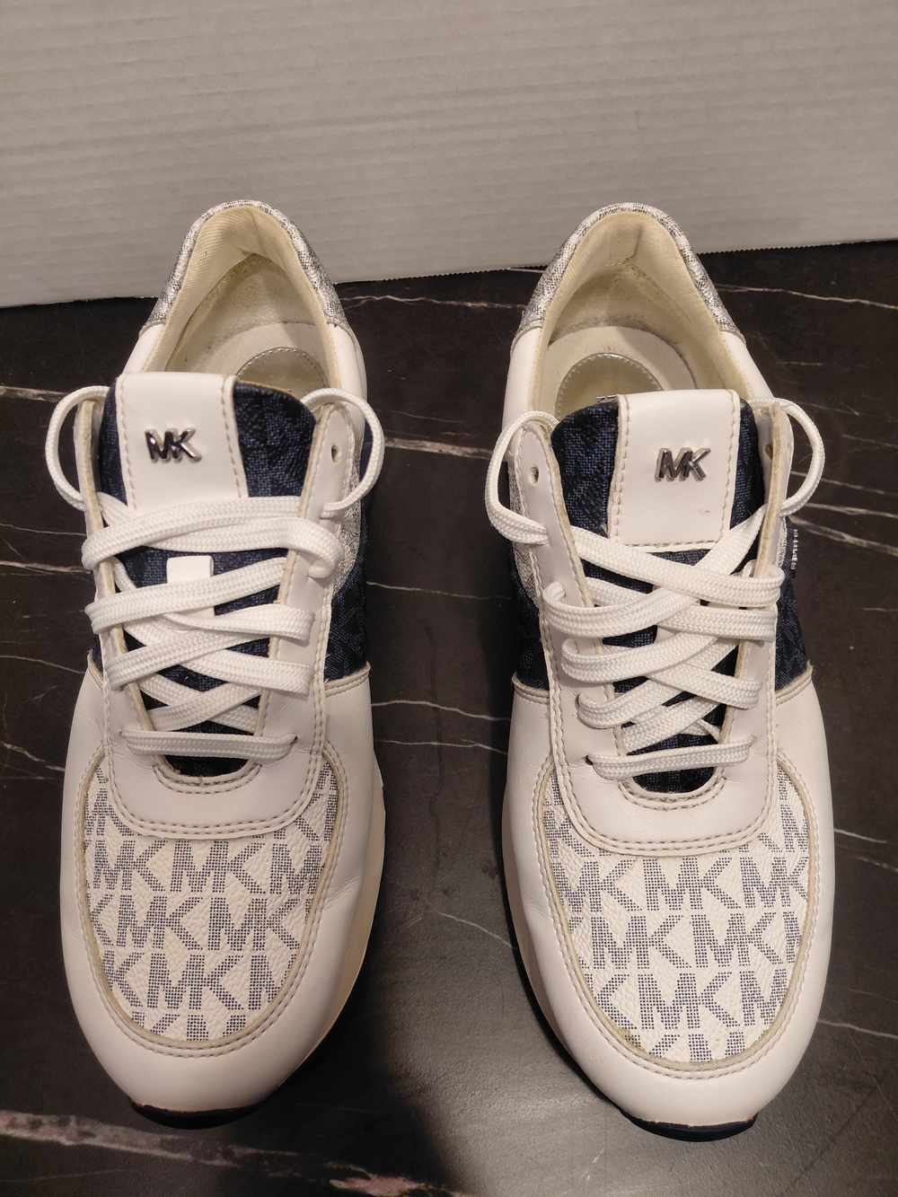 Michael Kors White and Navy MK Logo Lace-Up Sneakers